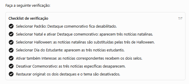 Checklist sugerido para conferir alternância dos temas e dos destaques